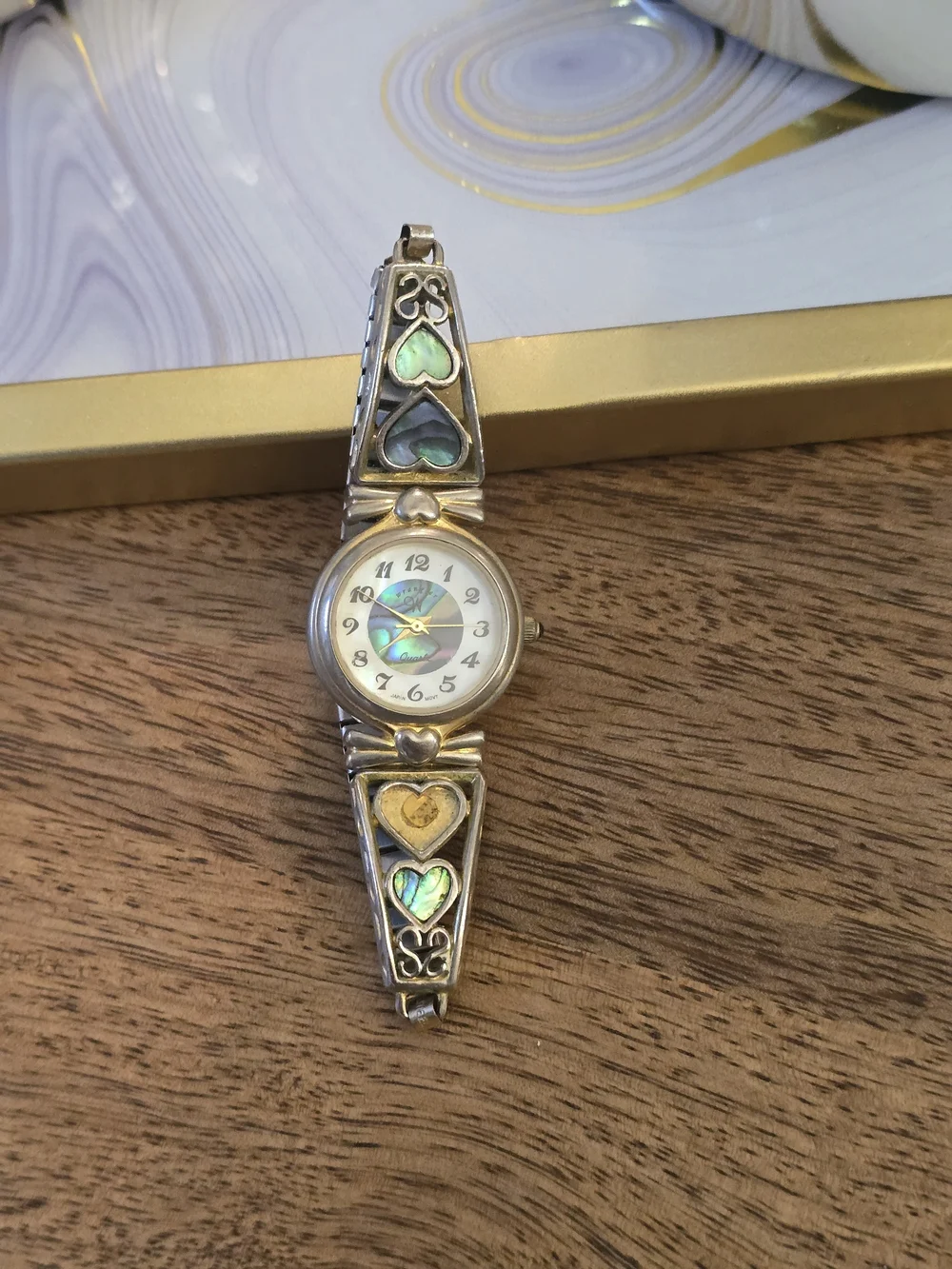 Abalone Heart Inlay Women's Bracelet Watch - Iridescent Green and Gold Accents